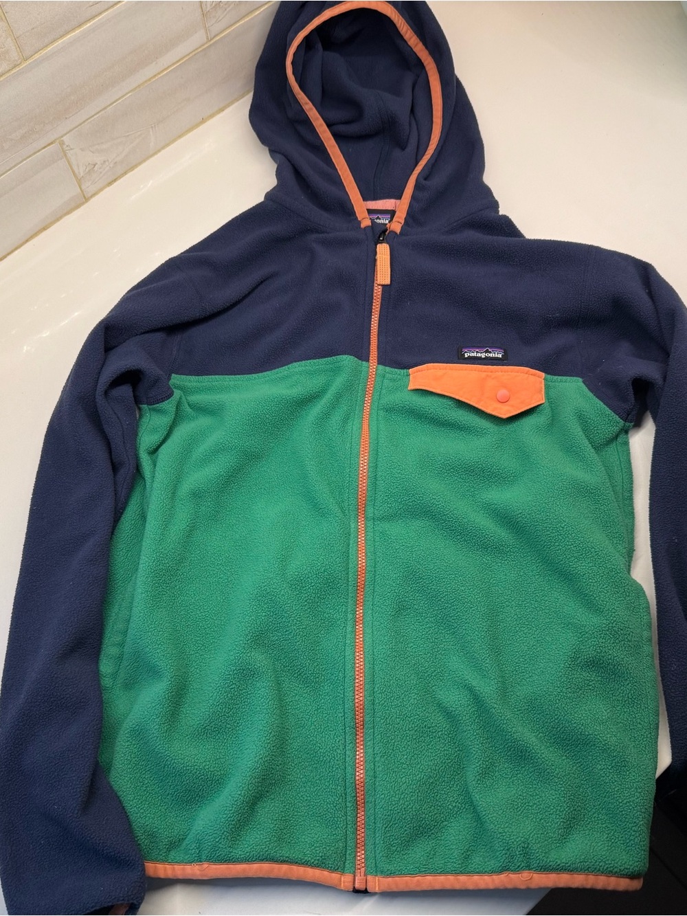 Patagonia Kids Navy & Green Fleece Jacket with Orange Trim zip hoodie